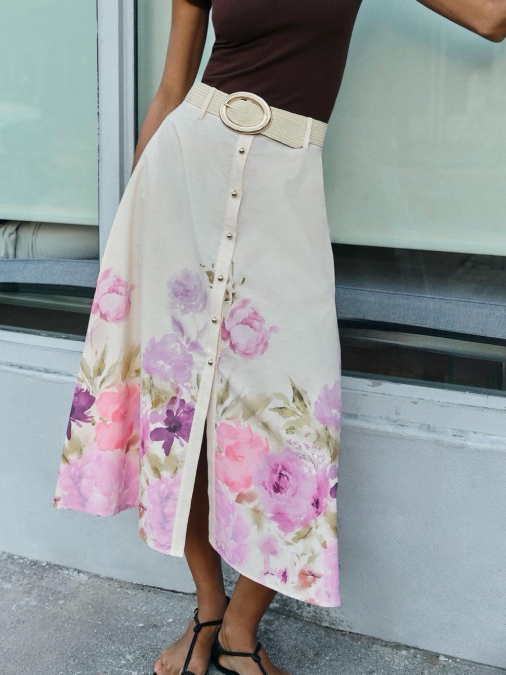 NWT ZARA FLORAL PRINT BELTED MIDI SKIRT SIZE S